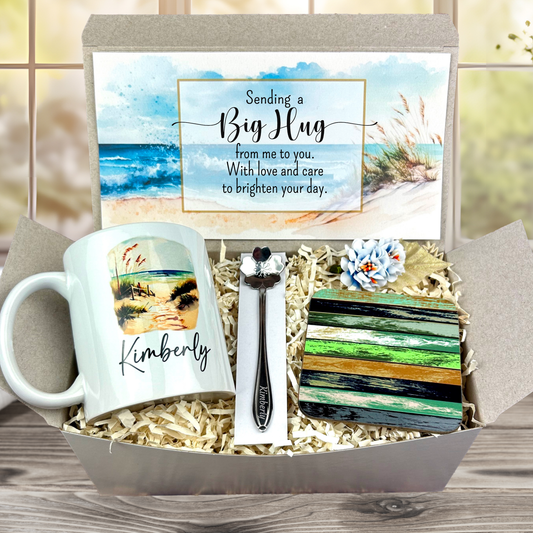 beach themed care package for love and support with custom ocean mug