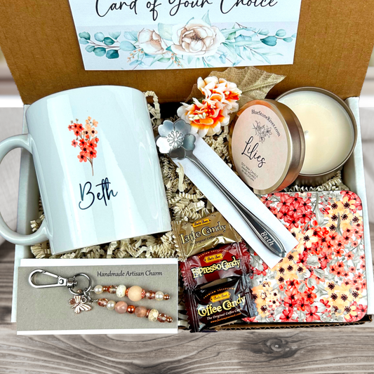 floral personalized mug Engraved stir spoon gift box with goodies