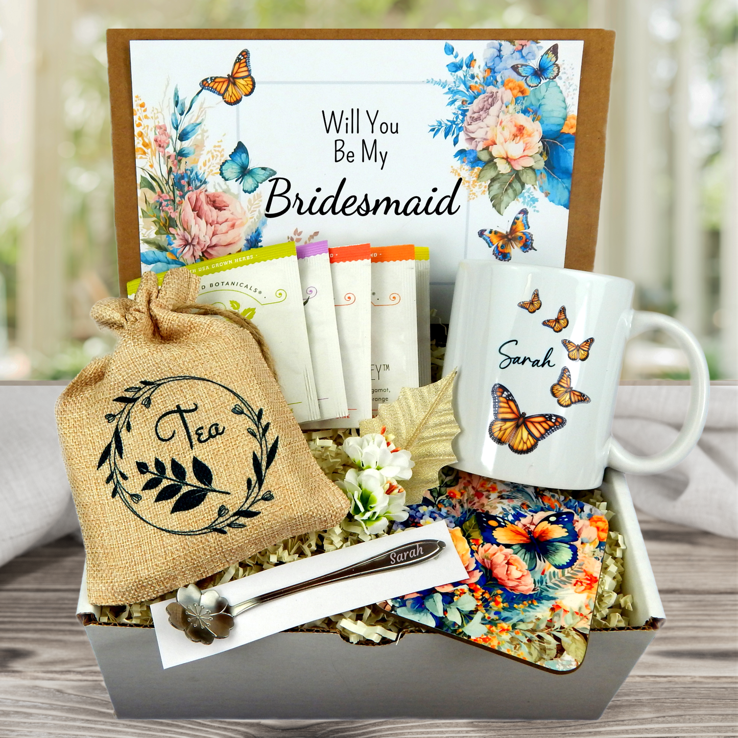 bridesmaid proposal box with assorted tea and butterfly name mug