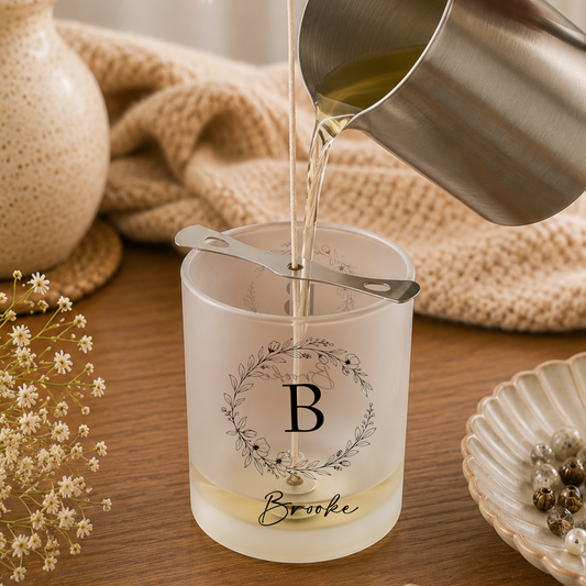 Liquid being poured into a frosted glass with a decorative label and spoon on a wooden surface.