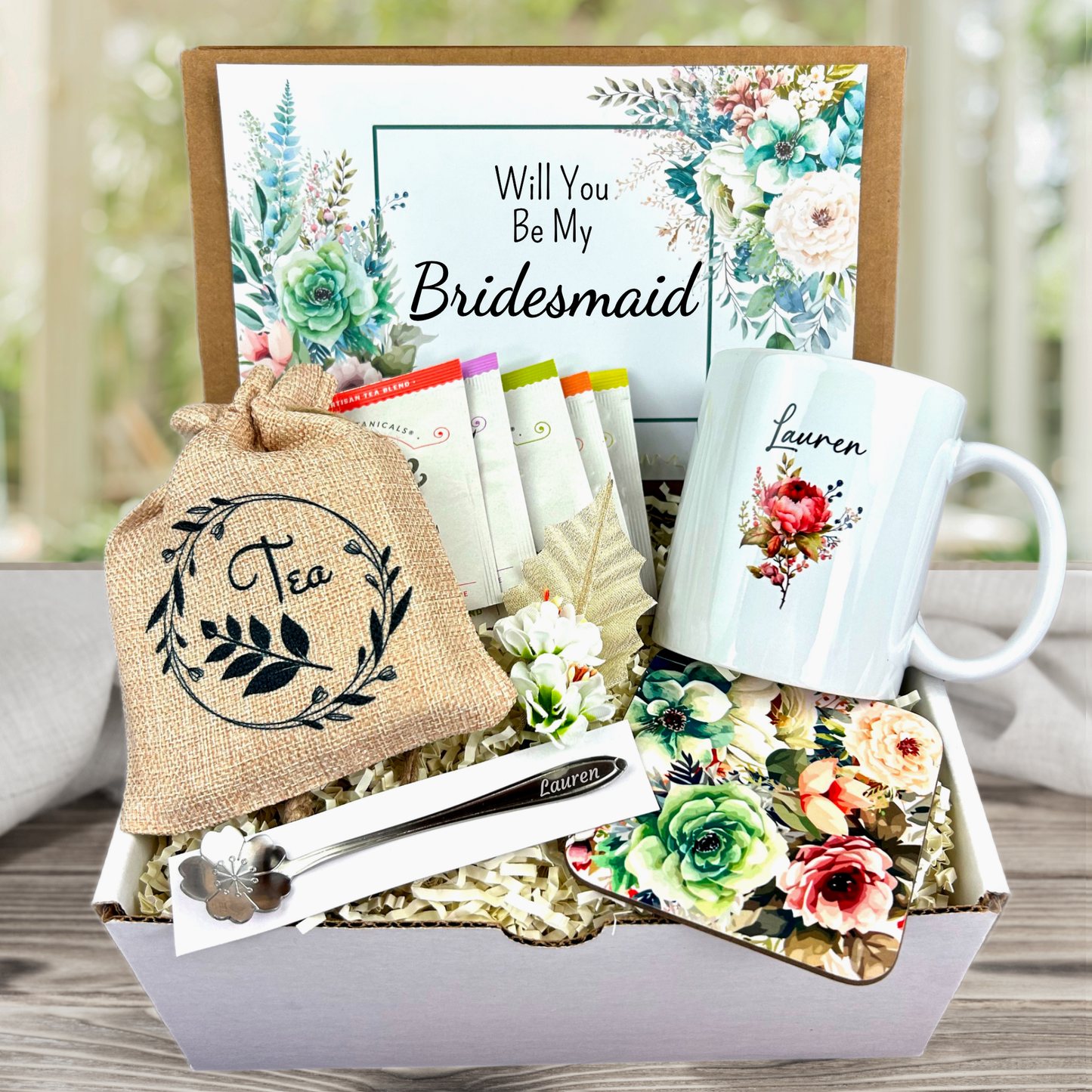 bridesmaid proposal box with assorted tea and floral themed personalized mug