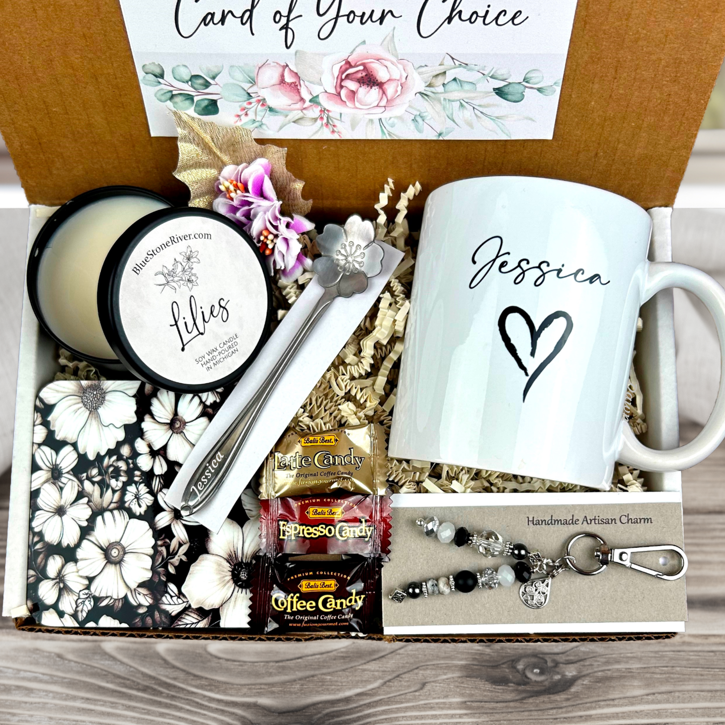 heart mug gift box with personalized mug and candle