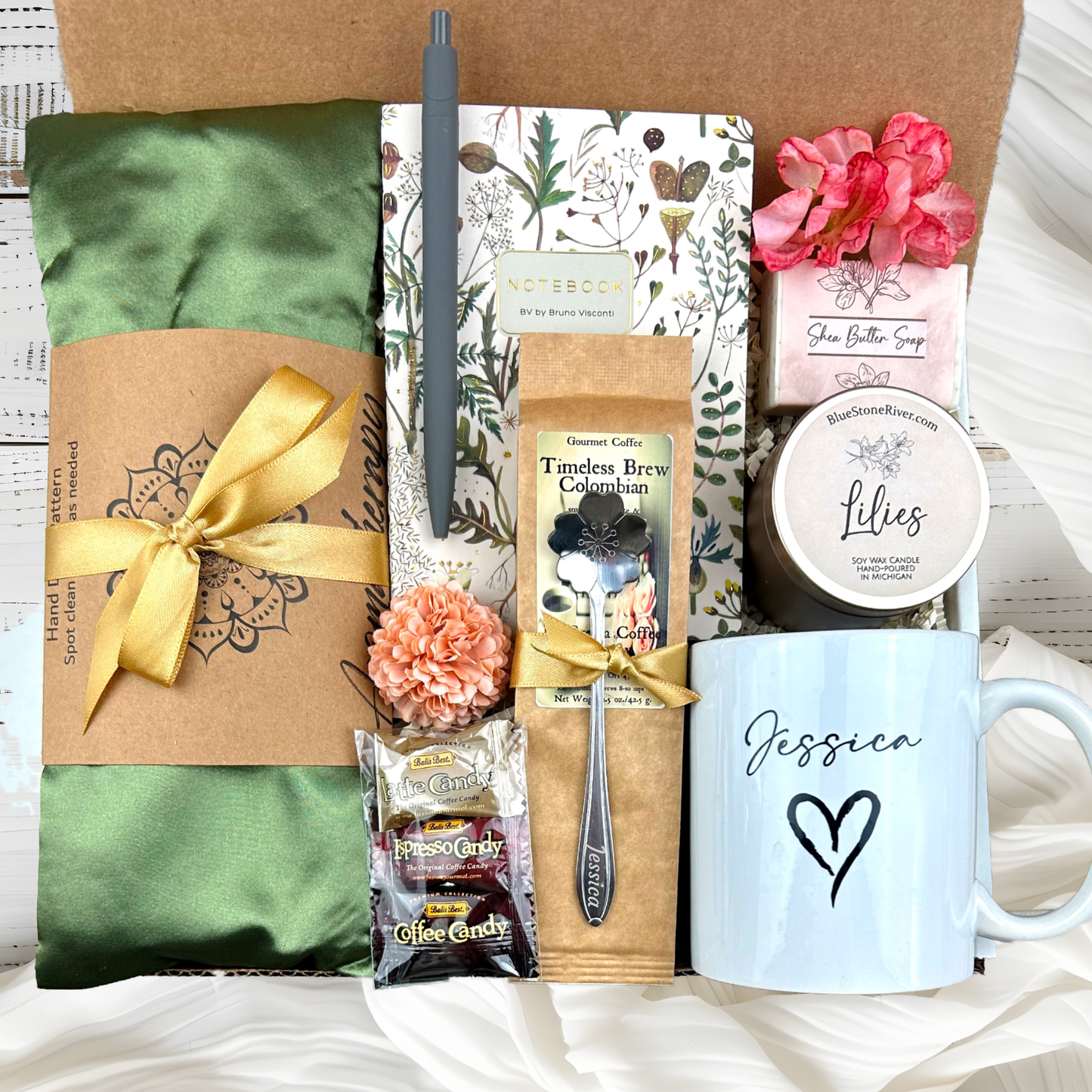 Birthday Gift Basket for Women with Aromatherapy Eye Pillow and Personalized Mug