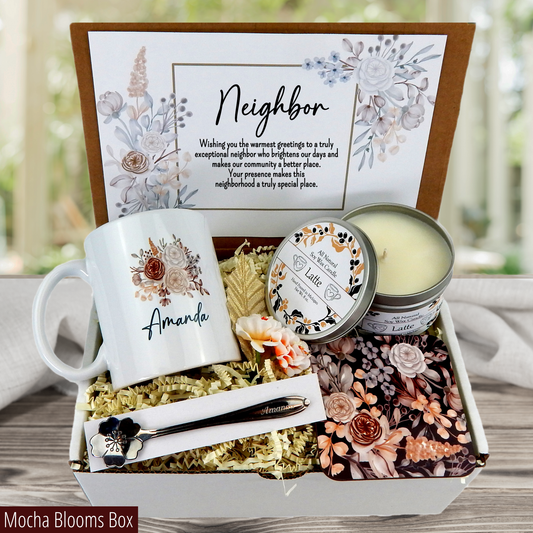 Coffee themed Thank You Gift Basket for Neighbor with Custom Mug, Spoon, and Candle