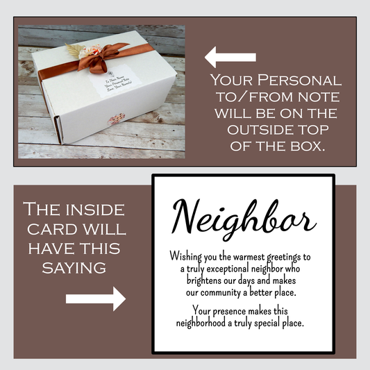 Neighborhood gift box with personalized message on a wooden surface