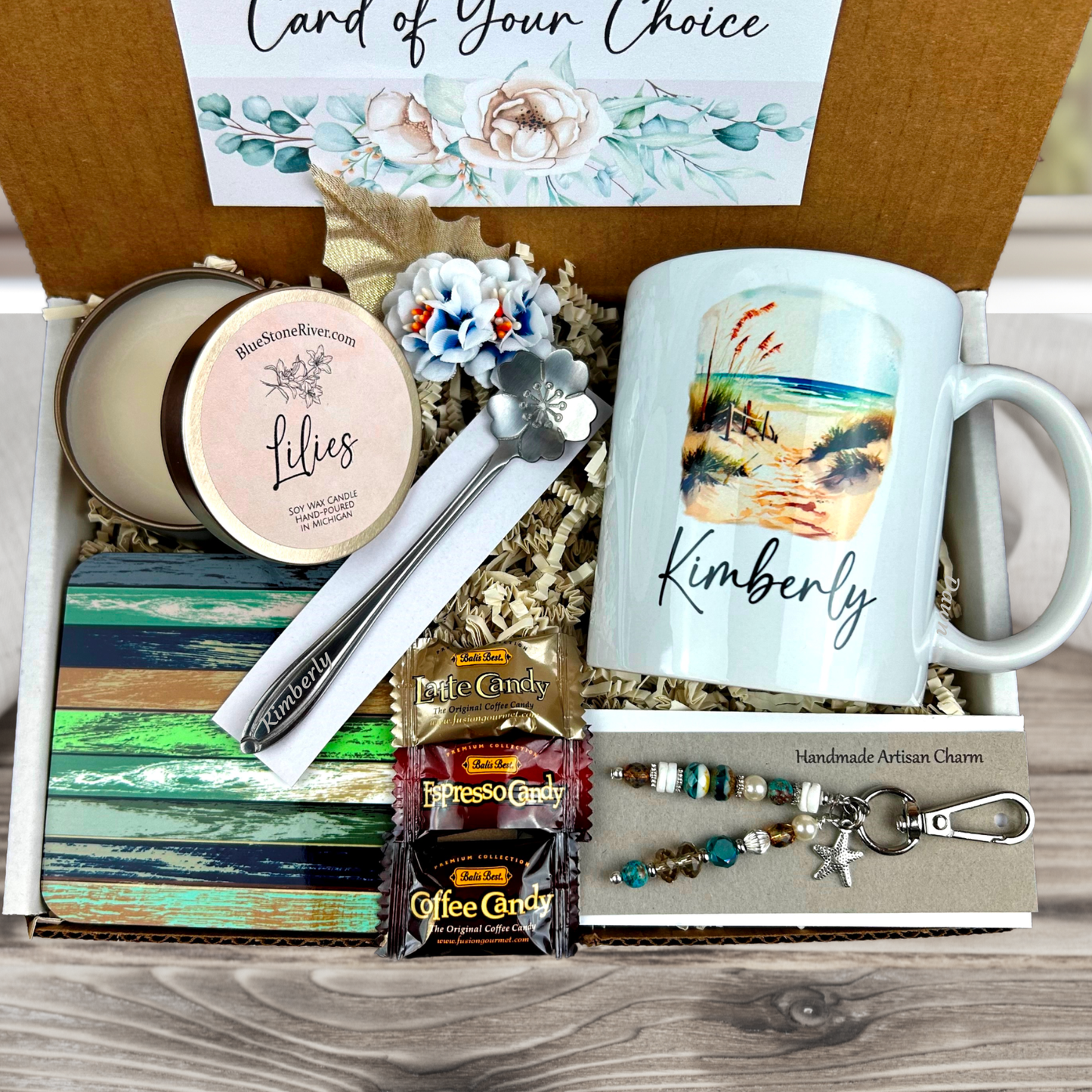 beach themed Complete gift box for women with mug, spoon, charm, and more