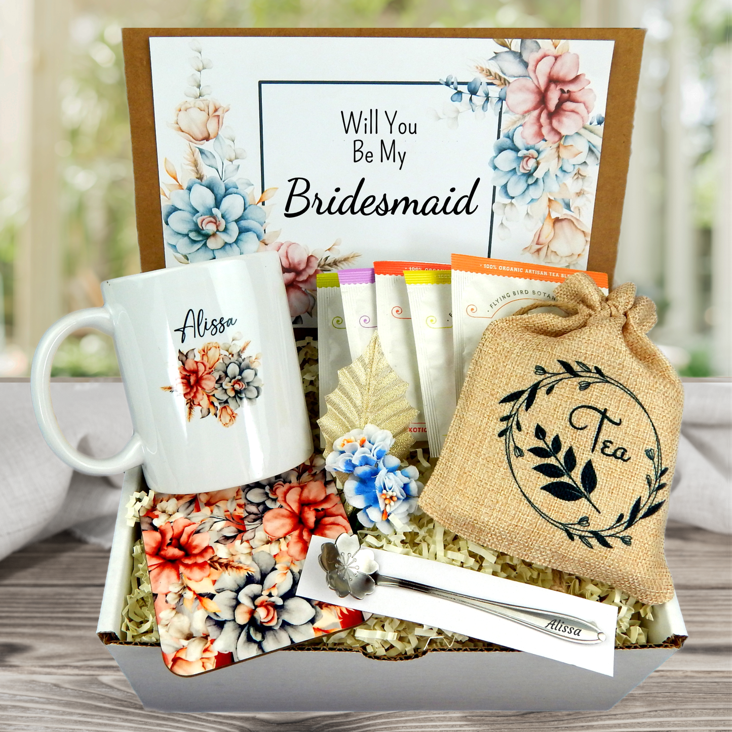 bridesmaid proposal box with assorted tea and customized tea cup