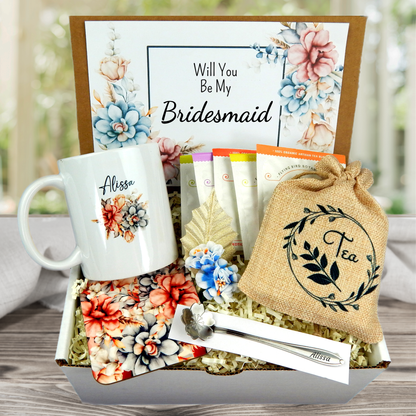 bridesmaid proposal box with assorted tea and customized tea cup