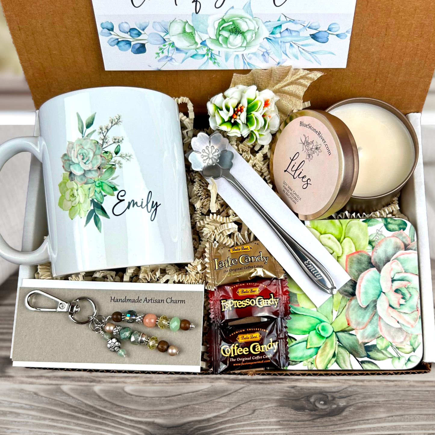 succulent mug Fully arranged gift basket with candle, coaster, mug, and spoon