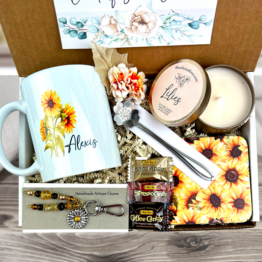 sunflower themed gift Close-up of personalized mug with name and coaster