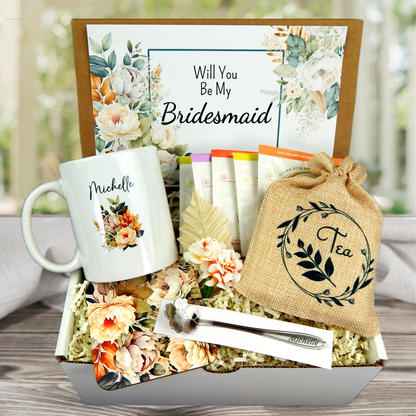 bridesmaid proposal box with assorted tea and vintage floral name cup
