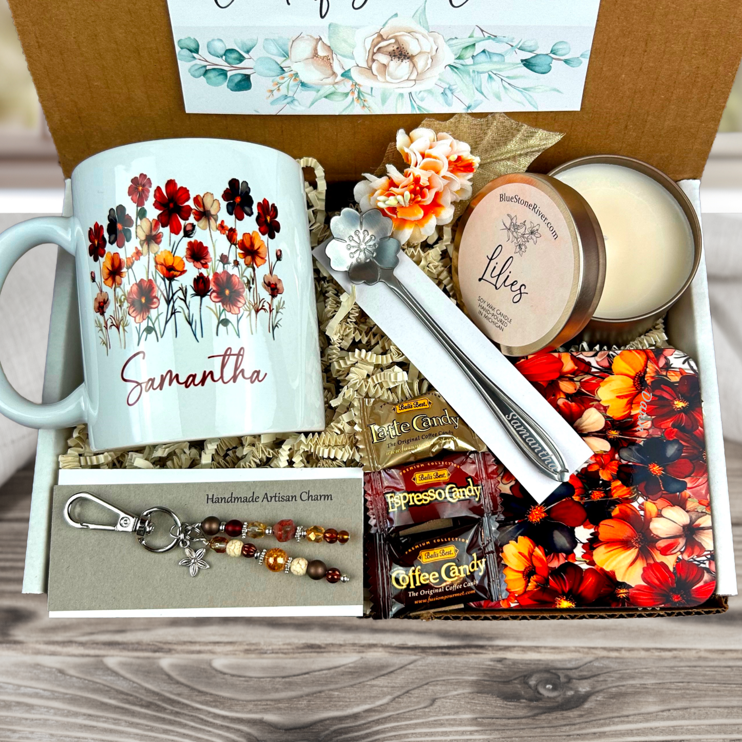 Beautiful gift set with personalized mug, coaster, spoon, candle, and purse charm