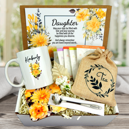 yellow flower themed daughter birthday present with personalized mug
