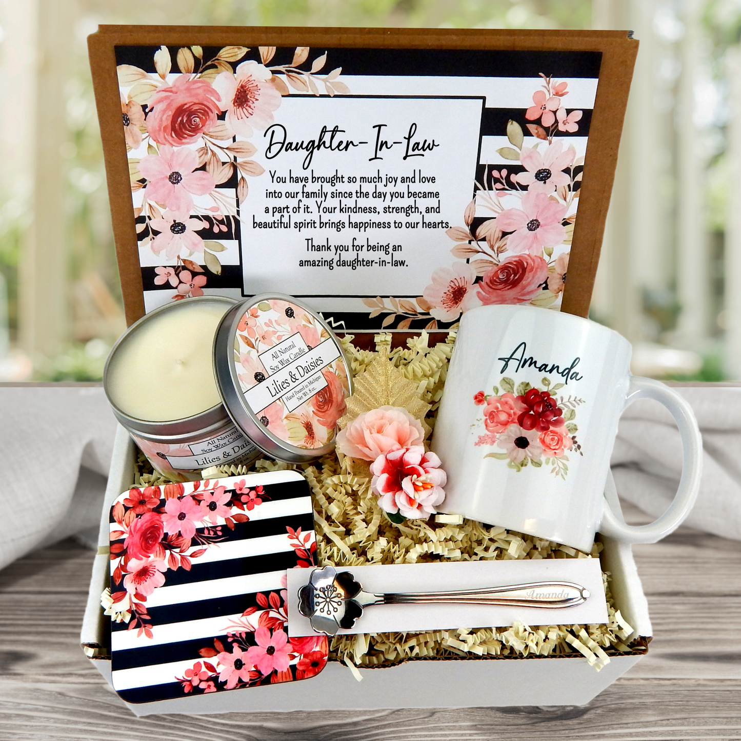 pink daughter in law gift basket with personalized mug