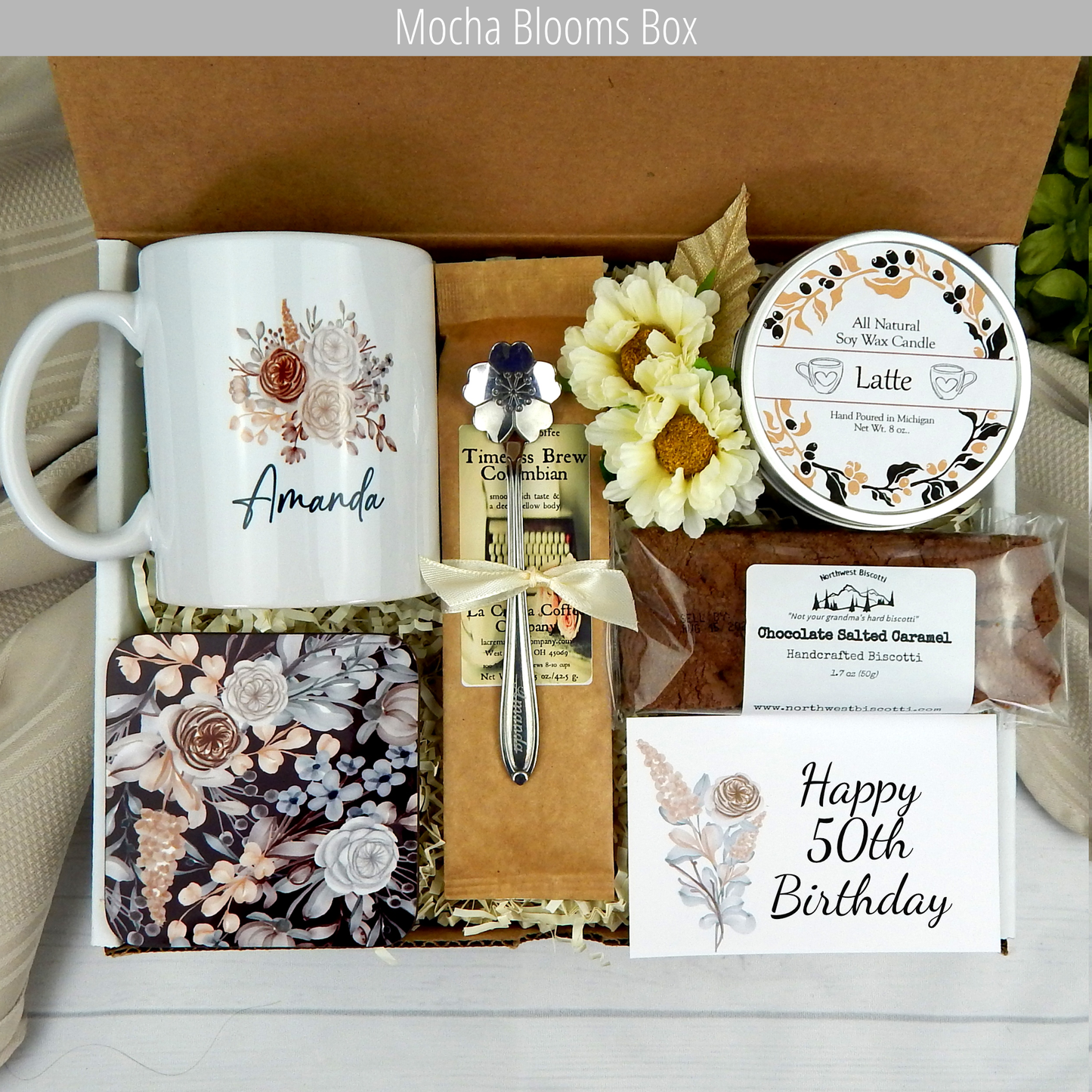 Half a century milestone: Women's 50th birthday gift basket with custom name mug, gourmet coffee, and treats with coffee theme