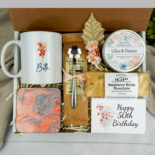 Celebrating 50 years: Personalized name mug, coffee, and goodies in a birthday gift basket for women.