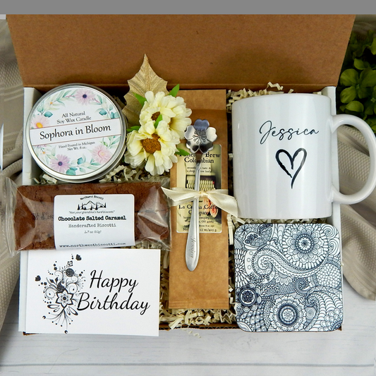 birthday gift basket for women with personalized heart mug
