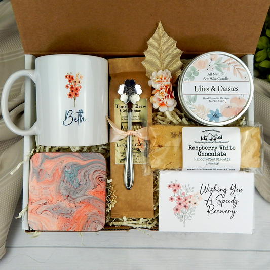 Speedy recovery support: Customized mug, coffee, and treats in a gift basket for her.