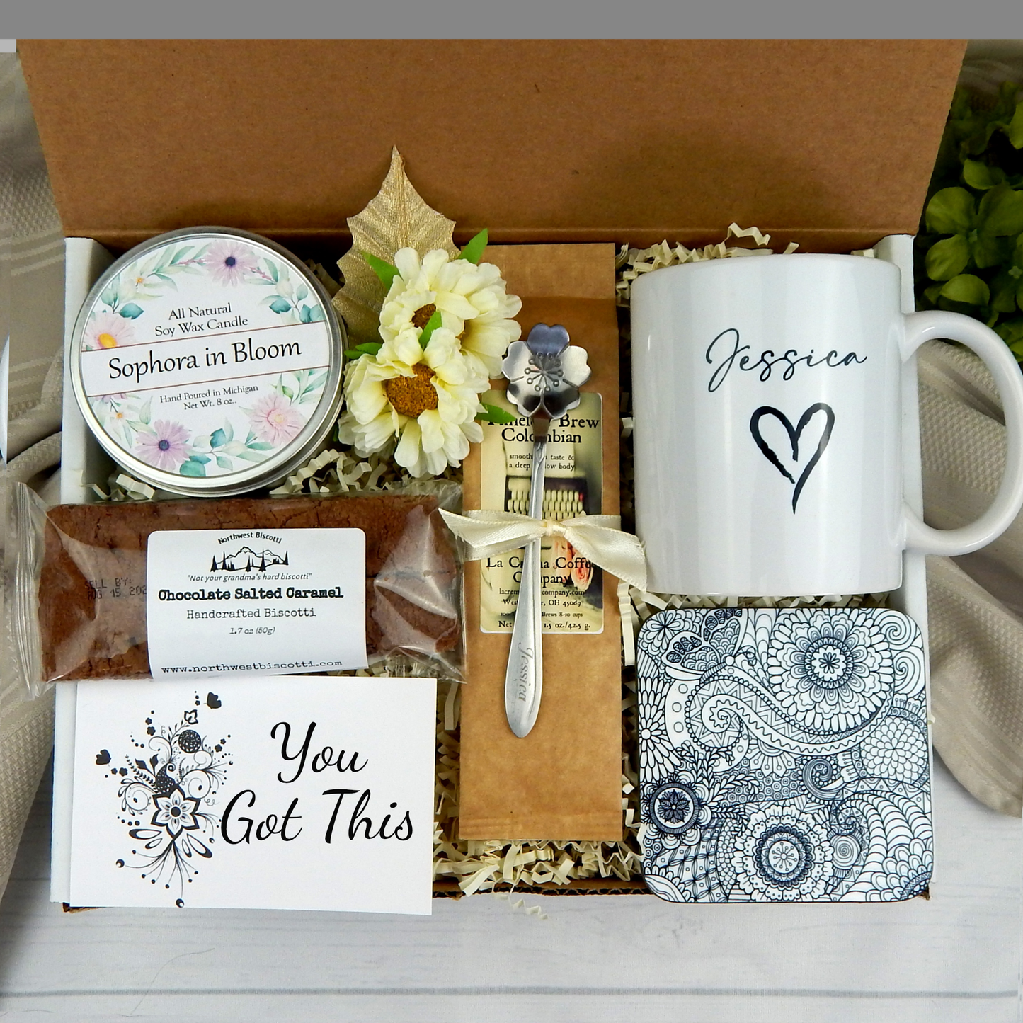 You got this gift basket for friend with personalized mug and coffee set.