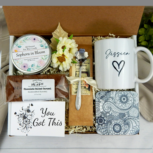 You got this gift basket for friend with personalized mug and coffee set.