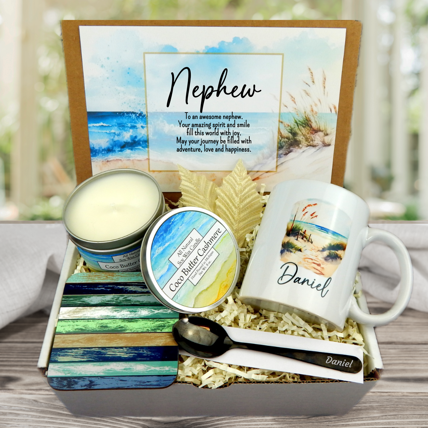 beach themed nephew gift basket with custom mug