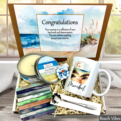 Gift set with mug, candles, and cards with beach theme