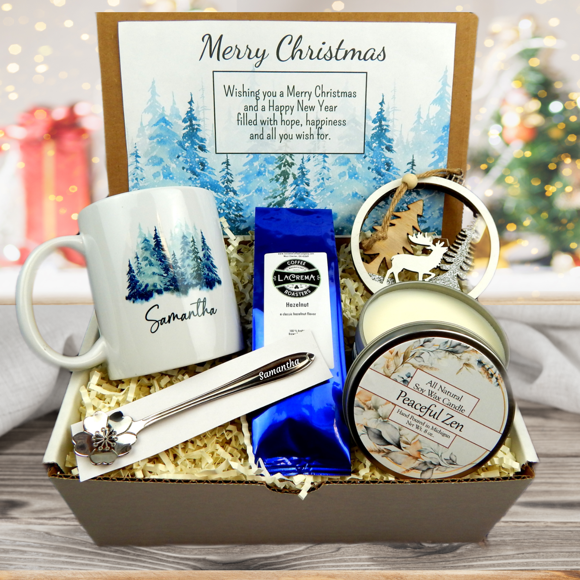 Scenic Christmas gift basket with Personalized Mug Engraved Spoon, Coffee and Pine Candle