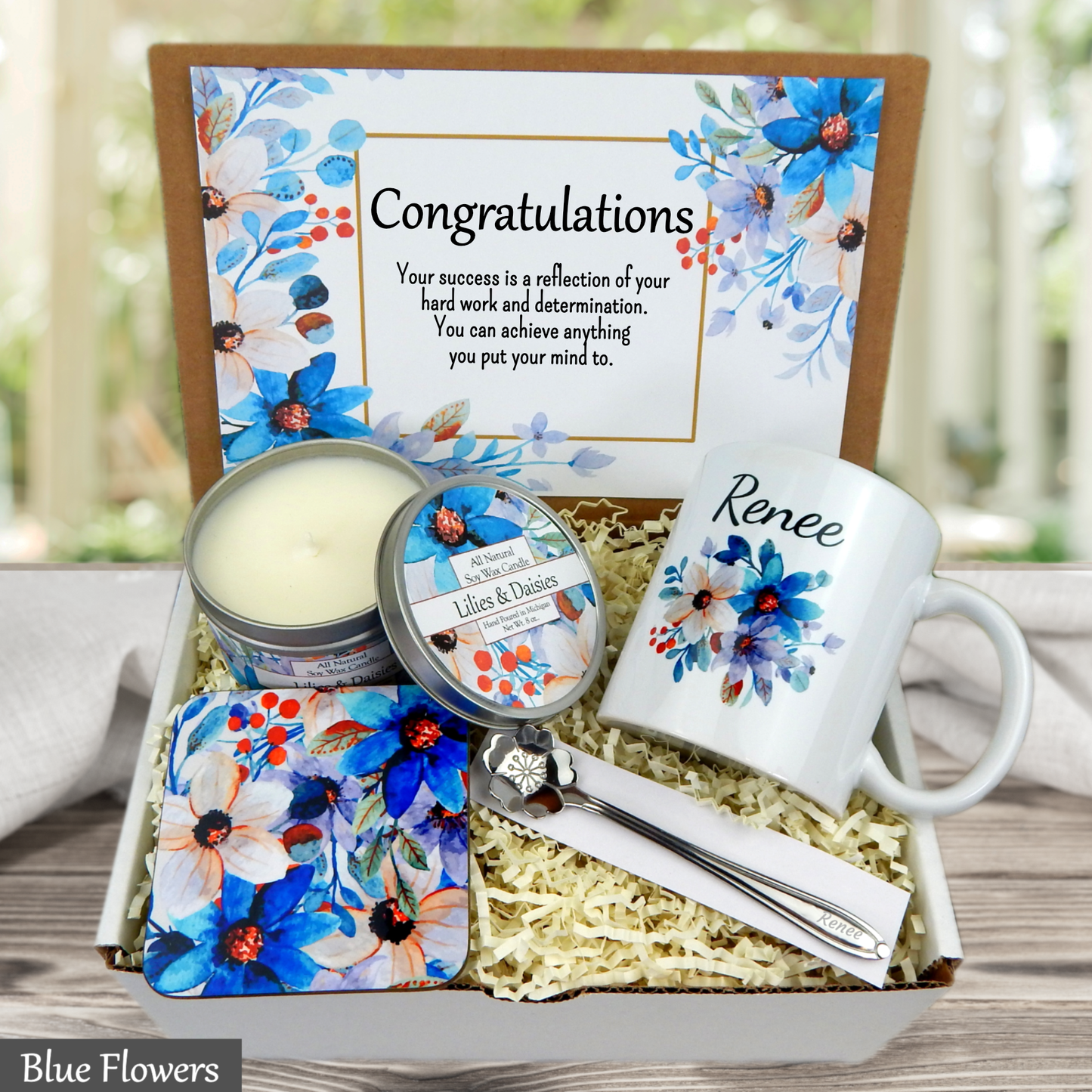 Congratulations Gift set with candle, mug, and card in a box with blue floral design