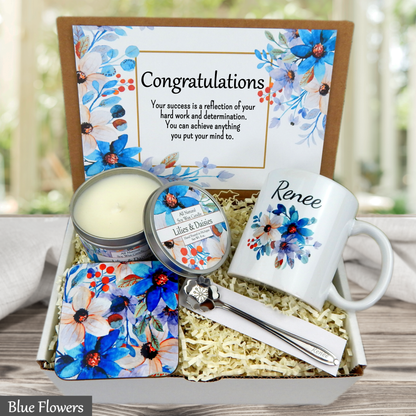 Congratulations Gift set with candle, mug, and card in a box with blue floral design
