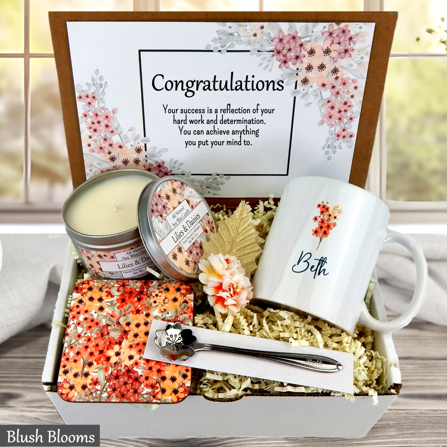 Blush blooms design Gift set with mug, candles, and coasters in a decorative box with a 'Congratulations' message.