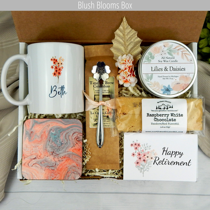 Embracing retirement: Women's encouragement gift basket with personalized mug, coffee, and delicious goodies.