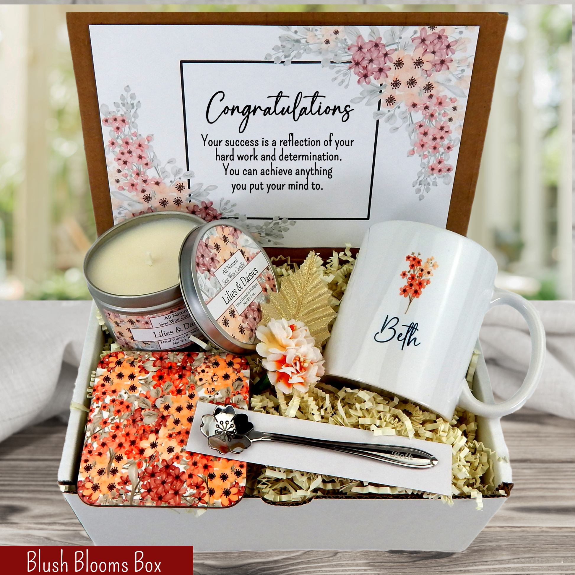 New Job Celebration Gift Basket with Custom Mug, Spoon, and Candle