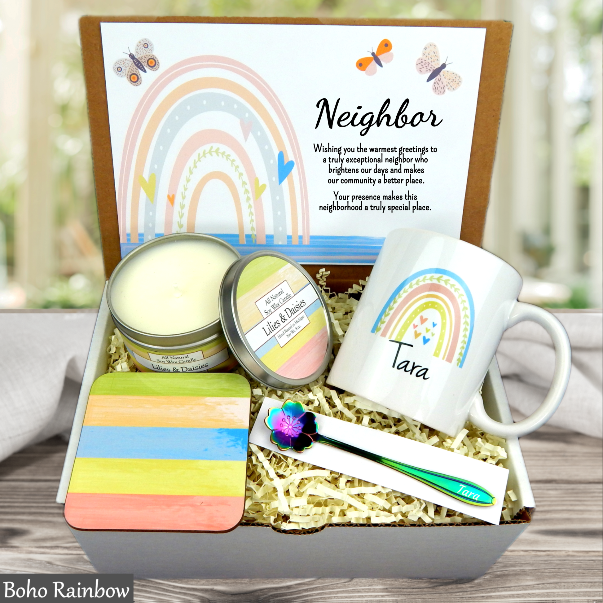 Neighbor gift set with mug, candle, and coasters in a box with rainbow design