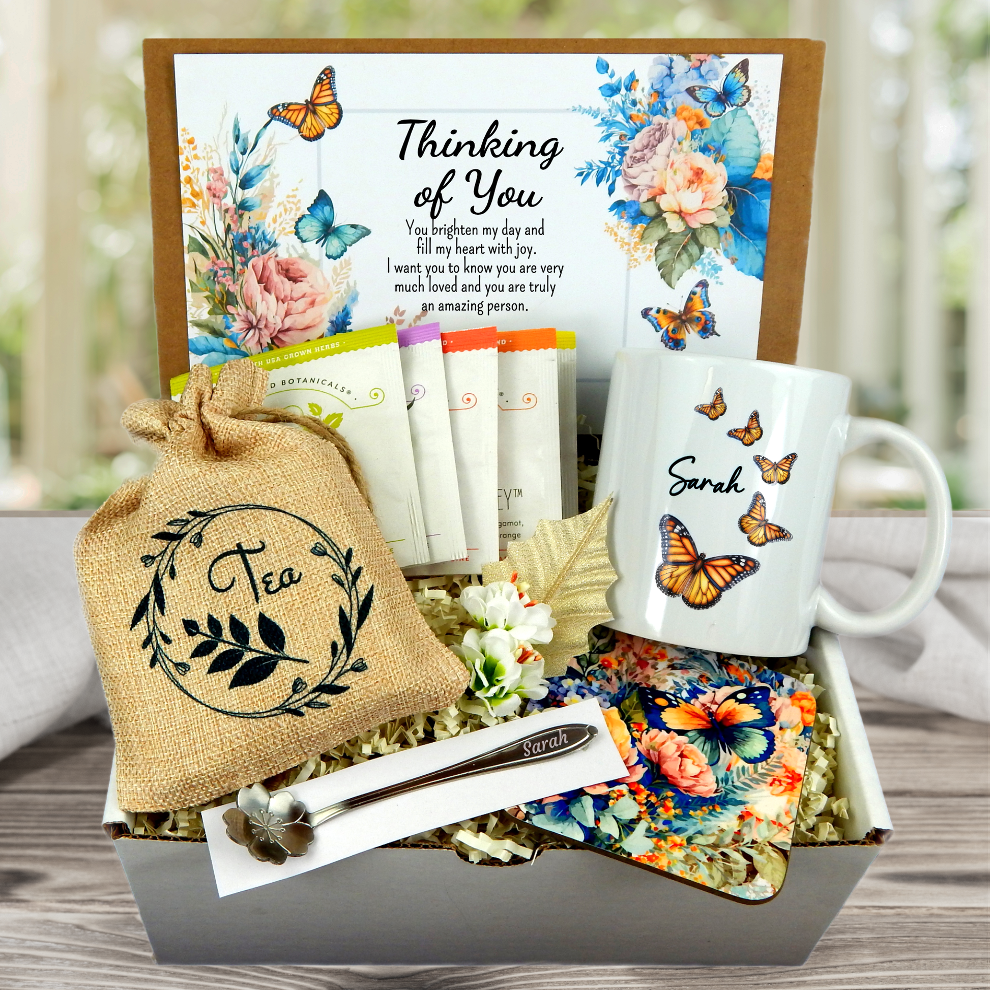 butterfly themed thinking of you gift with custom mug, assortment of teas, coaster, meaningful card, floral design