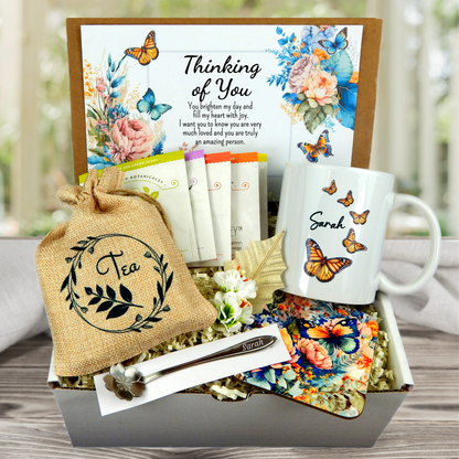 butterfly themed thinking of you gift with custom mug, assortment of teas, coaster, meaningful card, floral design