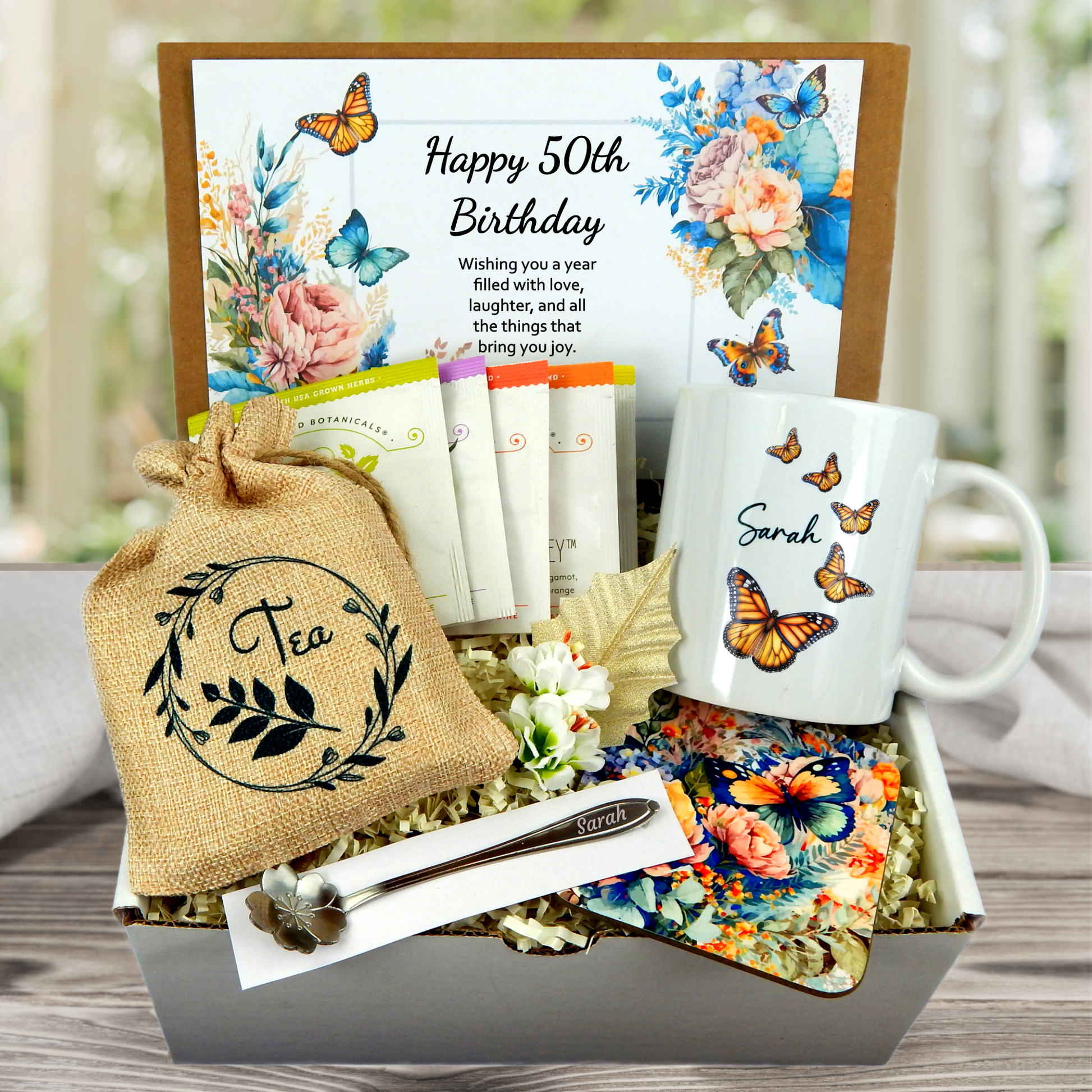 50th birthday present for women with tea and personalized mug with butterflies