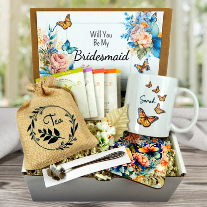 bridesmaid proposal box with assorted tea and butterfly name mug