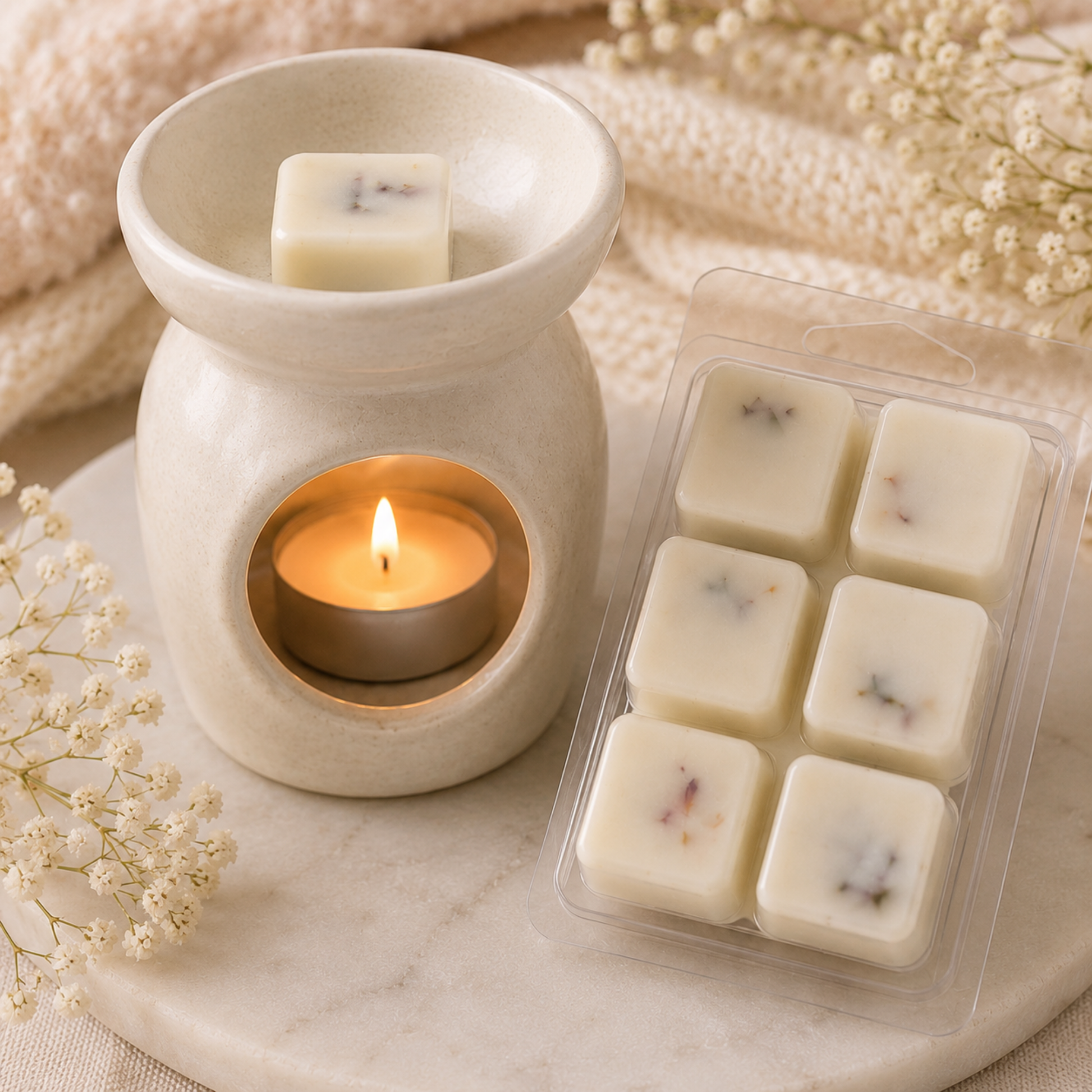 White ceramic wax warmer with a lit candle and packaging of wax cubes on a marble surface.