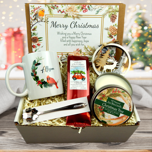 Christmas gift basket with Cardinal Mug Personalized, Engraved Spoon, Coffee and Pine Candle