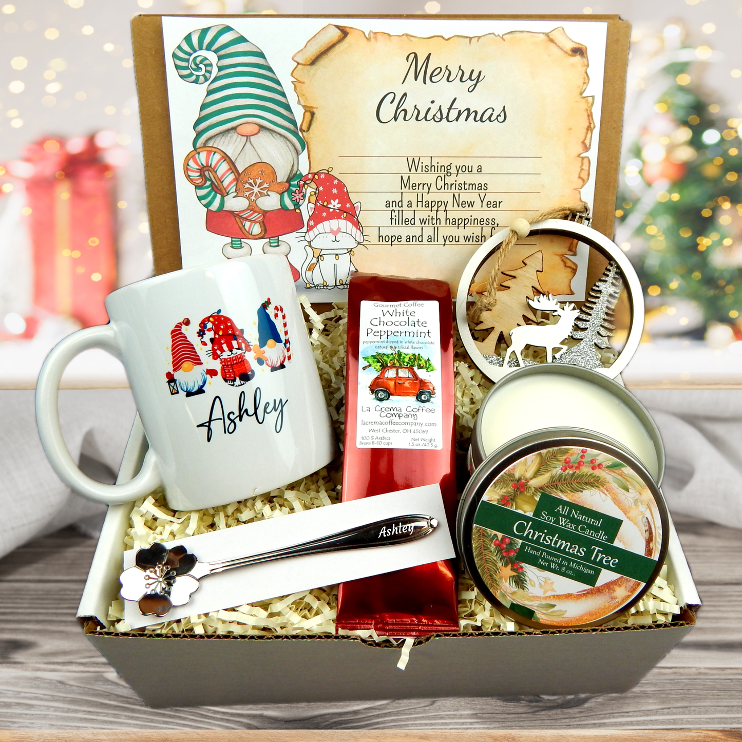 Cat Gnome Christmas Gift with Personalized mug, coffee, candle, ornament and engraved spoon