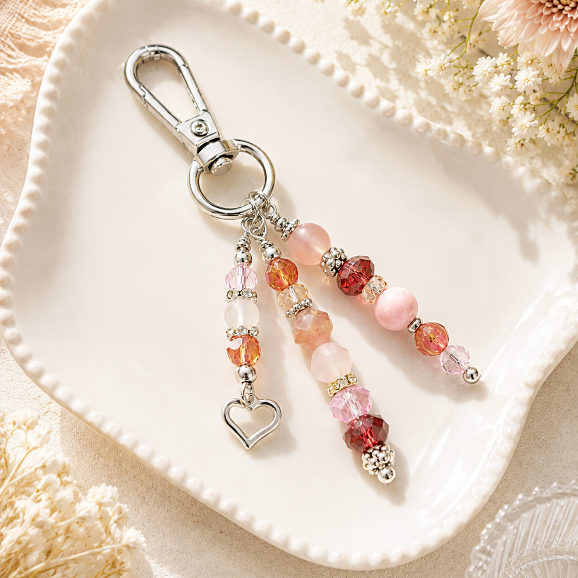 Beaded keychain with heart charm on a white dish with flowers in the background