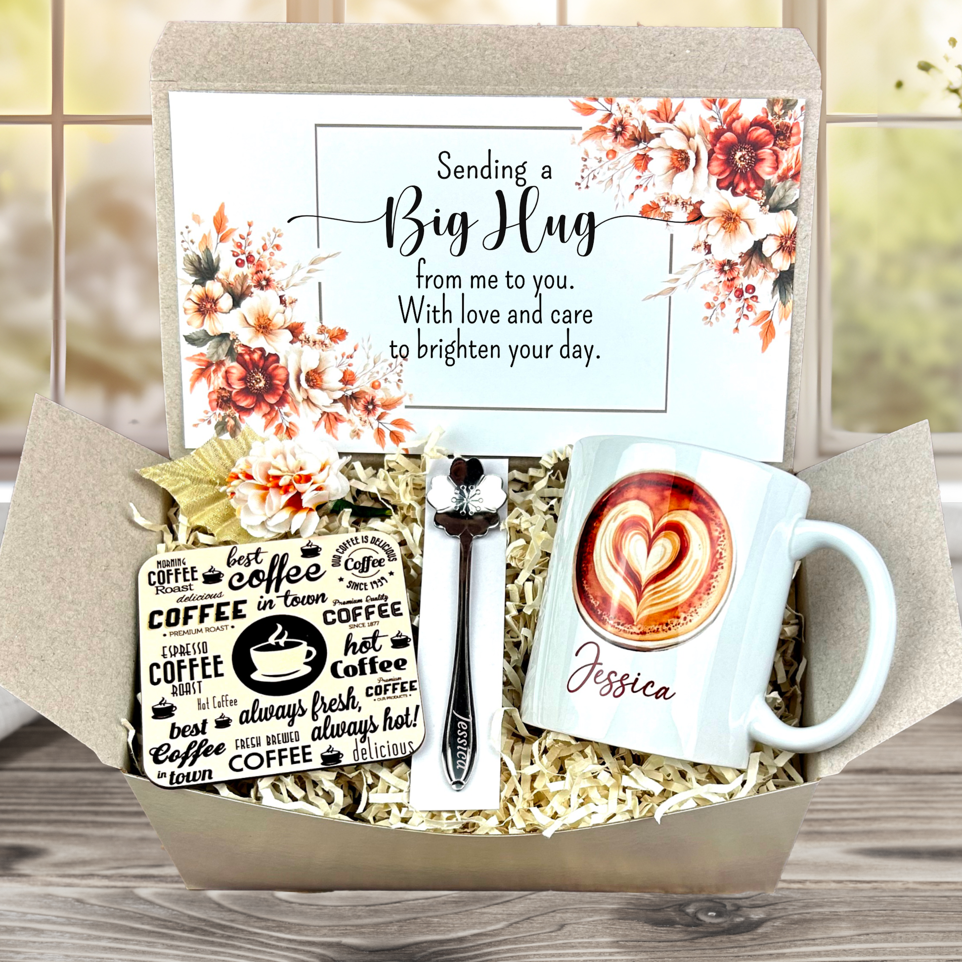 sending love and hugs care package with custom coffee mug