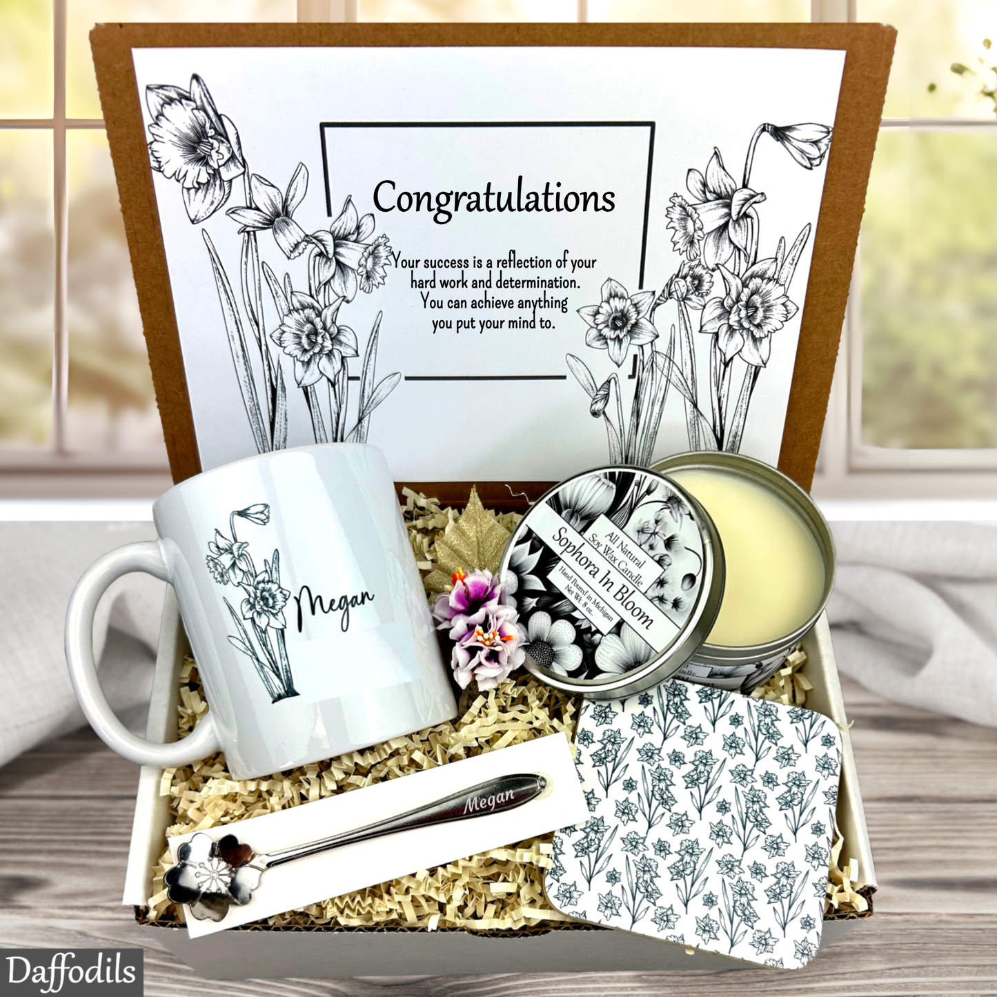 Daffodil Gift set with mug, candles, and personalized in a decorative box.