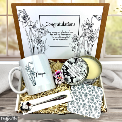 Daffodil Gift set with mug, candles, and personalized in a decorative box.