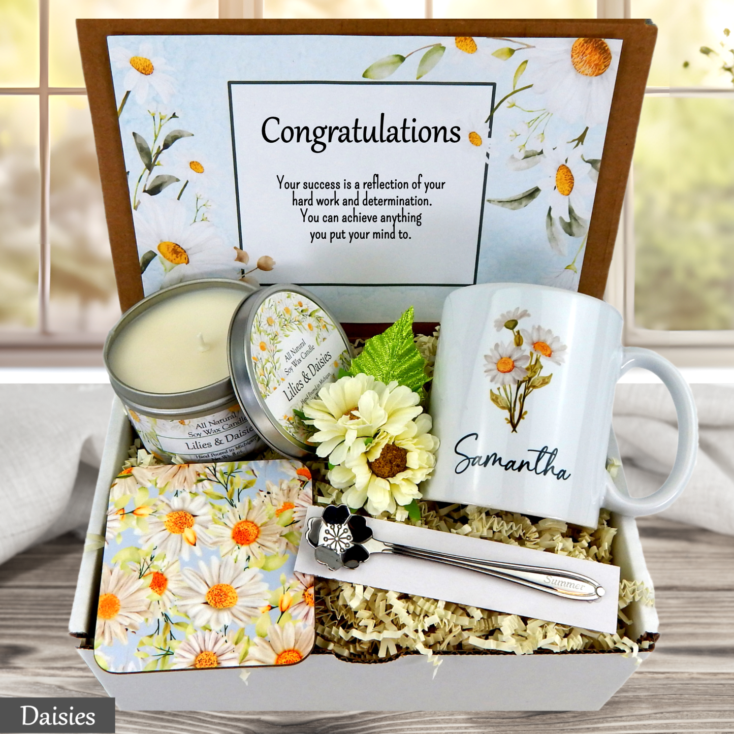 Daisy Gift set with mug, candle, and flowers in a decorative box with a 'Congratulations' card.