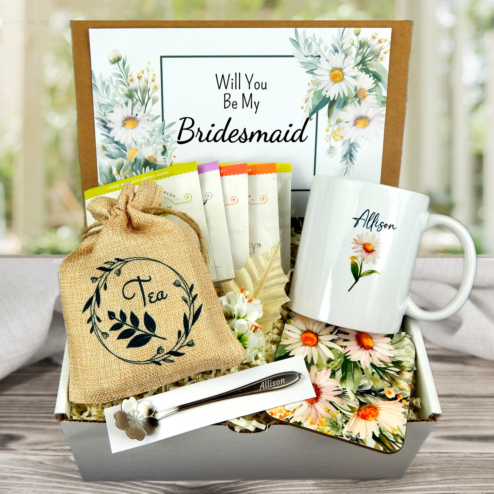 bridesmaid proposal box with assorted tea and daisy mug