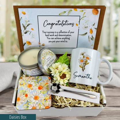 daisy themed New Baby Congrats Gift Basket Box featuring Personalized Mug, Spoon, and Candle