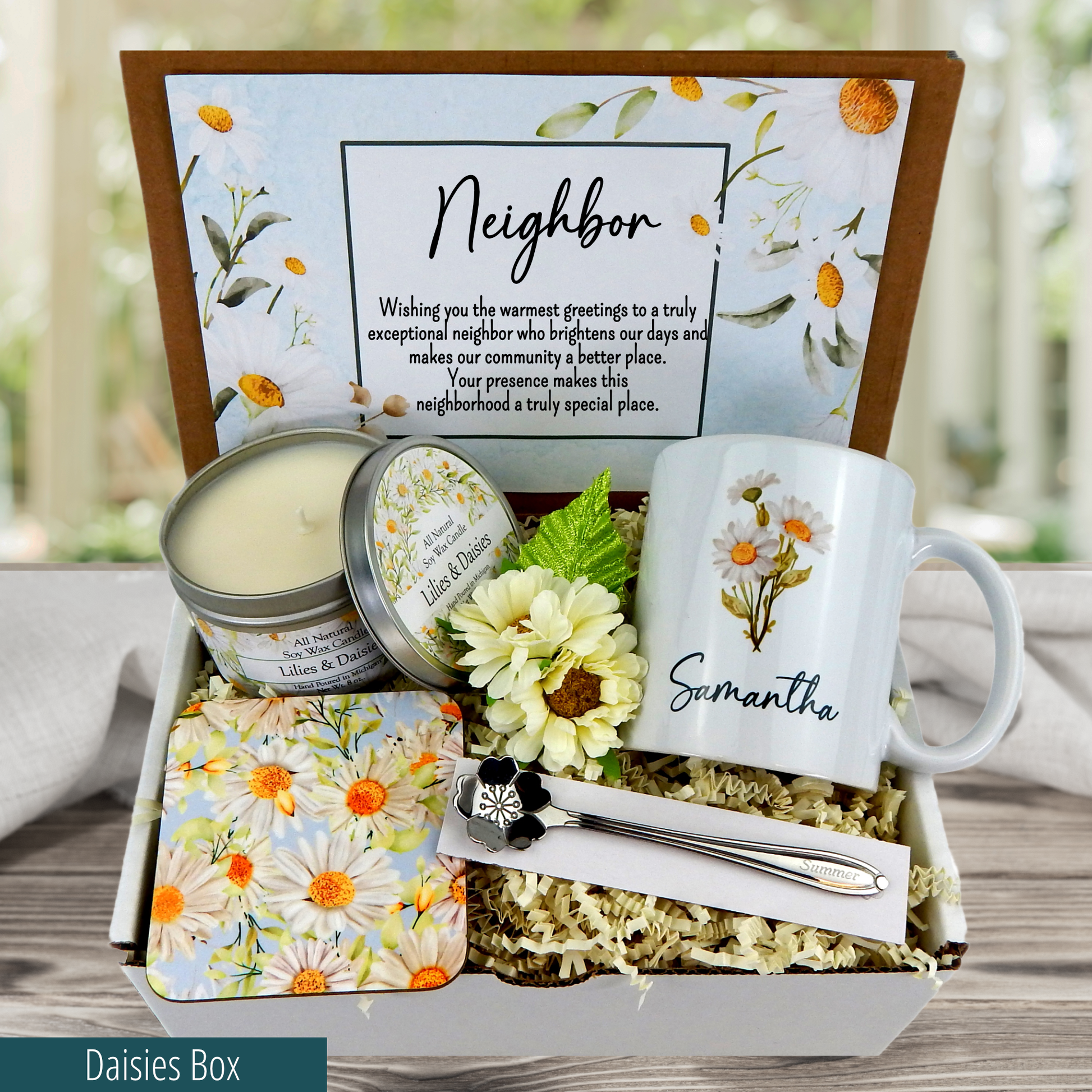 daisy themed Personalized Welcome Gift Basket with Mug, Spoon, and Candle for Neighbor