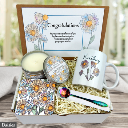 Colorful daisy Gift set with mug, candle, and stationery items in a box with 'Congratulations' card.