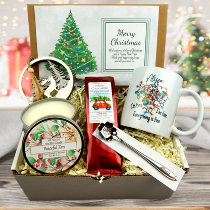 Christmas gift basket with funny I&#39;m Fine Mug Personalized, Engraved Spoon, Coffee and Pine Candle